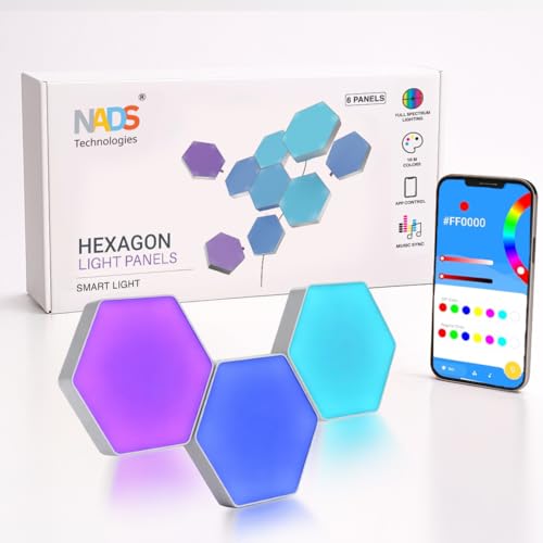 NADS Technologies Hexagon LED Light Panels (Set of 6 Panels) RGBIC Smart Wall Lights with App Control, Music Sync, 16 Million Colors | Gaming Room, Bedroom, Home Décor Lights