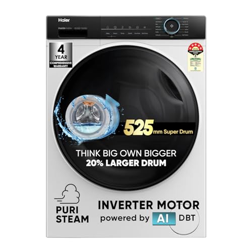 Haier 8 kg 5 Star Powered by AI-DBT with PuriSteam, 525mm Super Drum Fully Automatic Front Load Washing Machine (HW80-IM12929C, Inverter Motor with In-Built Heater, White)