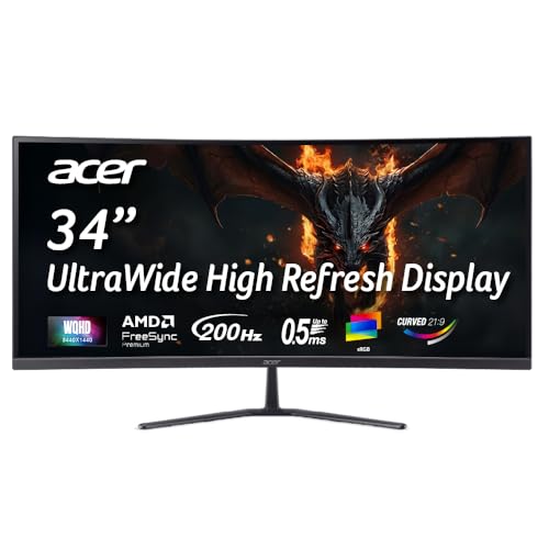 Acer Nitro ED340CUR X0 34 Inch UWQHD Curved Gaming Monitor | 3440x1440 VA Panel | 200Hz (DP) | 1ms VRB | AMD FreeSync Premium | HDR10 | 1500R | 2x HDMI 2.1 + DP 1.4 | Easy Tilt | Speakers | VisionCare