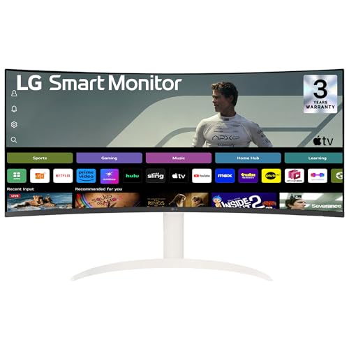 LG 34SR65QC 86.42cm (34 Inch) Smart Curved (1800R) WQHD (3440x1440) Monitor, HDR10, sRGB 99%(Typ.), HDMI X 2, Built-in Speaker, Height/Tilt Adjustment, webOS, AirPlay2, Wi-Fi, Bluetooth, USB (White)