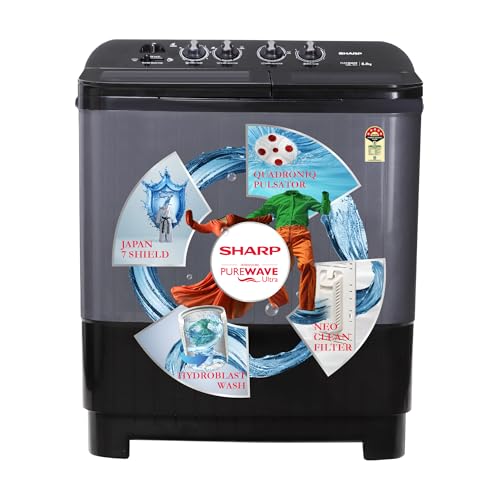 SHARP 8.0 kg, 5 Star, Semi-Automatic Top Loading Washing Machine with Quadroniq Pulsator I JAPAN QUALITY I 1300 RPM I Soft Fall Technology (Steel Grey, 8 Kg)