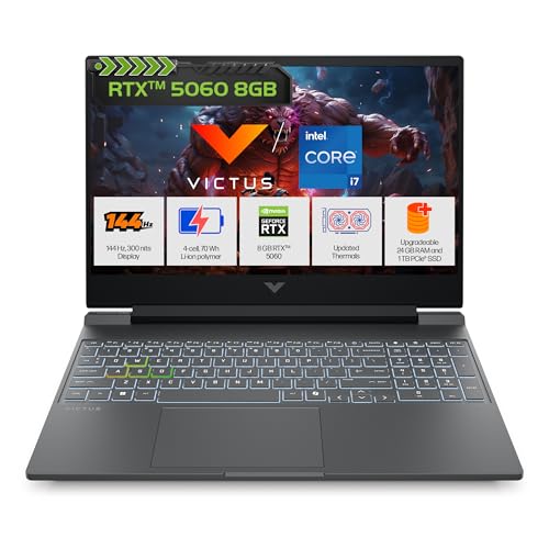 HP Victus, 13th Gen Intel Core i7-13620H, 8GB RTX 5060, 24GB DDR5(Upgradeable) 1TB SSD, 144Hz, 300nits, IPS, FHD, 15.6"/39.6cm, Win11, M365* Office 24, Mica Silver, 2.29Kg, fa2308TX, RGB Gaming Laptop