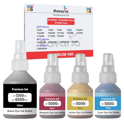 Ravaria BT-D60BK / BT6000 and BT5000CMY Compatible Ink for Brother Printer T220, T420, T520, T820, T920, T510, T910, T710, T4000W, T4500W, T300W, T800W (BT-D60BK / BT6000 and BT5000C 4 Color Set)