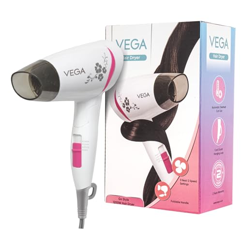 VEGA 1200-1400 Watts Go Style Foldable Hair Dryer for Women with Detachable Nozzle, Heat & Cool Setting, Quick Dry, Overheat Cut-Off, Suitable for All Hair Types, (VHDH-18), Blue