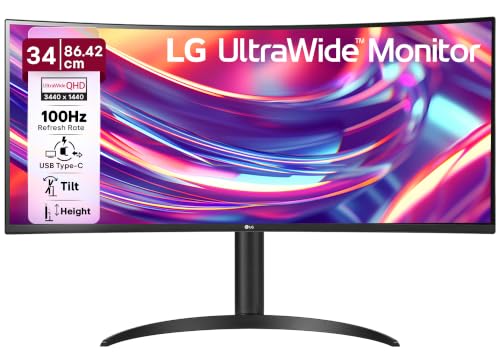 LG 34WR55QK 86.42cm (34 Inch) UltraWide QHD (3440x1440) Curved Monitor, 100Hz, sRGB 99% (Typ.), HDR10, Anti-Glare, 3-Side Virtually Borderless, HDMI X 2, DP, USB-C, Tilt/Height Adjustable (Black)