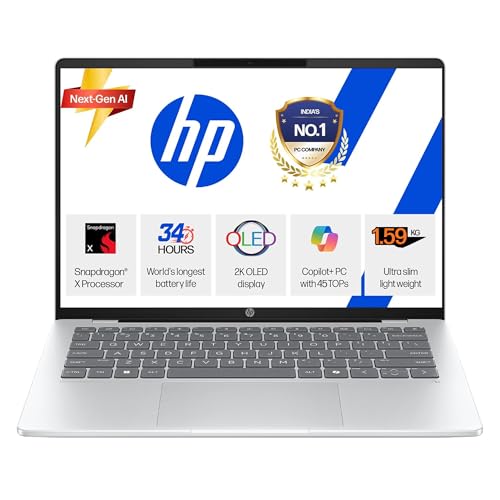 HP Omnibook 5 OLED (Previously Pavilion), Snapdragon X Processor (16GB LPDDR5x,1TB SSD) 2K OLED,16''/40.6cm, Win11, M365*Office24, Glacier Silver, 1.59kg, fb0001QU, Backlit, Next-Gen AI Laptop