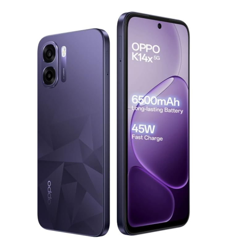 OPPO K14x 5G Smartphone, Prism Violet, 4GB RAM, 64GB Storage, 6500mAh Battery, 45W Fast Charge