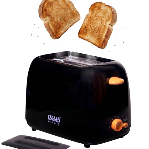 ITALIA 750W 2-Slice Pop-Up Toaster | 6 Browning Settings with Wide Slots & Removable Crumb Tray