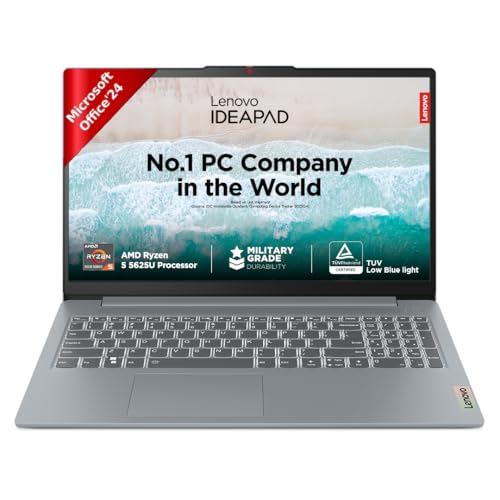 Lenovo IdeaPad Slim 3, AMD Ryzen 5 5625U, 8GB RAM, 512GB SSD, FHD 15.6"(39.6cm), Windows 11, Office Home 2024, Grey, 1.6Kg, 82XM011AIN, Integrated AMD Radeon Graphics, Thin and Light Laptop