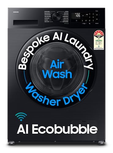 Samsung 12 kg (Wash) / 7 kg (Dry), 5 Star, AI EcoBubble, AI Energy Mode, Air Wash, Super Speed, Hygiene Steam, Wi-Fi, Digital Inverter, Fully-Automatic Front Load Washer Dryer (WD12FG5B34BBTL, Black)