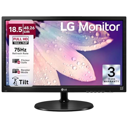 LG 19M38LB 47 cm (18.5 Inch) HD (1366 X 768) Monitor, 5 ms, 75Hz, Flicker Safe, Reader Mode, Smart Energy Saving, Black Stabilizer, D-Sub, HDMI Port, Head Phone Out, 3 Years Onsite Warranty, Black