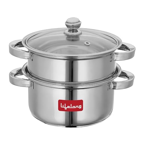 Lifelong 2-Tier Steamer/Momo/Modak Maker | Induction Compitable with Glass Lid & Riveted Handles | 18 cm Stainless Steel Multi-Purpose Cooking Steamer (LLMOM01)