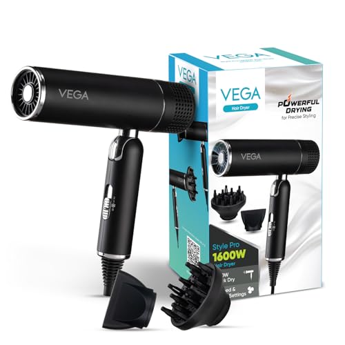 Vega Style Pro 1600W Foldable Hair Dryer with 2X Faster Drying, 3 Heat and 2 Speed Settings, Concentrator Nozzle & Diffuser, Hair Dryer for Men and Women (VHDH-34)