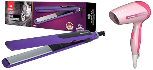 Havells HS4101 Hair Straightener with Ceramic Plates, Quick Heat-Up, Curl & Straighten + Havells HD1903 Hair Dryer 1200W, Pink, Overheat Protection, 2 Heat Settings