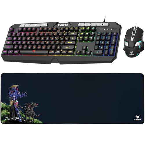 EvoFox Deathray v2 3 in 1 Gaming Keyboard & Mouse Combo with Puppet Master Deskpad | 6 Zone RGB Backlighting, 19 Anti Ghosting Keys, Membrane Keys, Ergonomic, Full-Size | 6 Buttons, 7 Color LED Lighting, Upto 3600DP | Extended Deskpad (Wired)