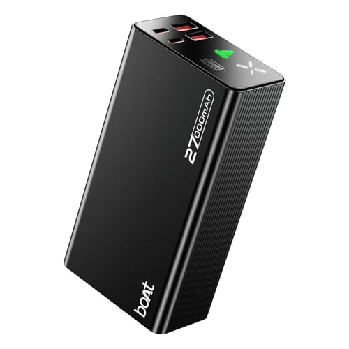 Boat EnergyShroom PB600 27000mAh Powerbank with 2-Way 22.5W Fast Charging, 2X Input & 4X Output Ports, 12-Layer Smart IC Protection, QC 3.0, PD & PPS Fast Charging Support (Onyx Black)