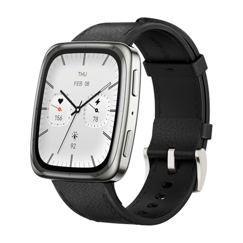 Amazfit Active 2 Square (Smartchoice), 2000 Nits Bright AMOLED Display, Built in GPS, 10Day Battery, Android & iPhone, Accurate Readings, BT Call, Sleep Monitor, 5ATM Water Resistant, Black Leather
