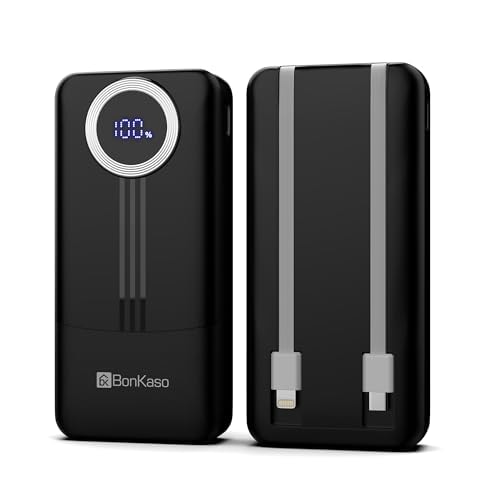 BonKaso 20000mAh Power Bank 22.5W PD Fast Charging with Built-in Type-C Cable, USB-A & Type-C Output, Digital LED Display, Portable Slim Powerbank for iPhone, Android, Tablets – Black