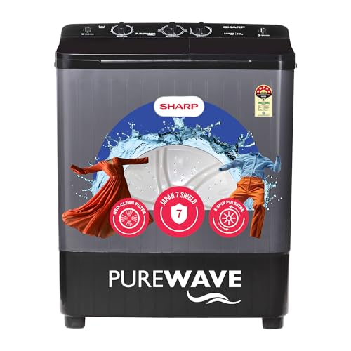 SHARP 7 kg, 5 star with E-Spin Pulsator,Semi-Automatic Top Loading Washing Machine, 1300 RPM (ES-SD70NB-PS, Steel Grey, Pure Wave)