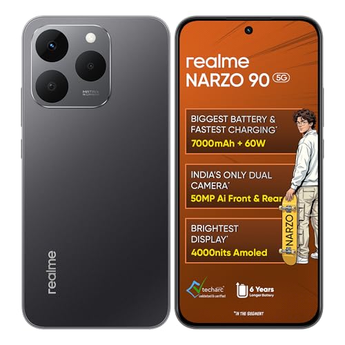 realme NARZO 90 5G (Carbon Black,8GB+128GB) | 7000mAh Biggest Battery | 60W Fastest Charging | 50MP Front & Rear AI Cameras | 4000nits Brightest Display | AI Assist | IP69 Dust & Water Resistance