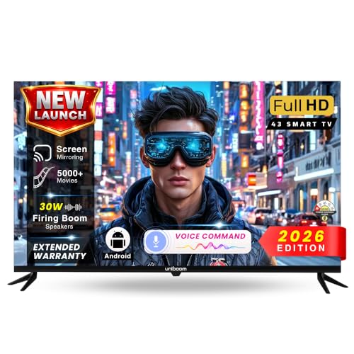 Uniboom_Optima Series 109 cm (43 inch) HD LED Smart Android TV with Voice Command App | 5000+ Free Movies | 30W Sonic Boom Speakers | 500+ Certified Apps | Mobile Remote | 43S-ULT-AED
