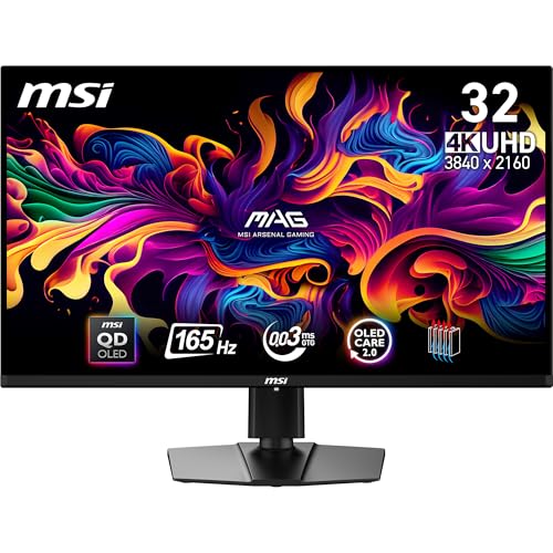 MSI MAG 321UP QD-OLED 31.5 Inch 4K UHD Gaming Monitor - 3840 x 2160 Quantum Dot OLED Panel, 165Hz / 0.03ms, 99% DCI-P3, ΔE≤2, DisplayHDR True Black 400 - DP 1.4a, HDMI 2.1(UHD@165Hz), USB Type-C