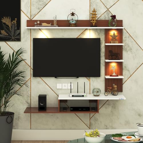 Anikaa Wintor Engineered Wood Wall Mounted TV Unit with 4 LED Lights, 3 Open Shelves, 1 Storage Box & Decorative Display Shelf for Living Room | Ideal for Upto 43 Inch TV- Walnut/White(DIY Assembly)