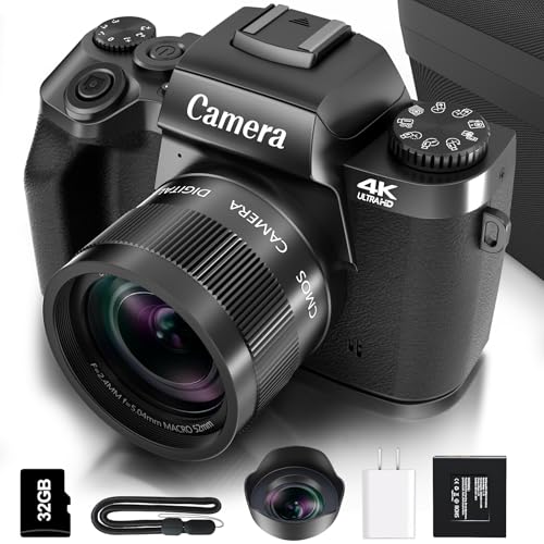 Saneen Digital Camera for Photography, 4K 64MP WiFi Touch Screen Vlogging Camera with Flash, 32GB Micro Card, Lens Hood, 3000mAH Battery, Front and Rear Cameras, 4″Big Screen, Hot Shoe Interface-Black