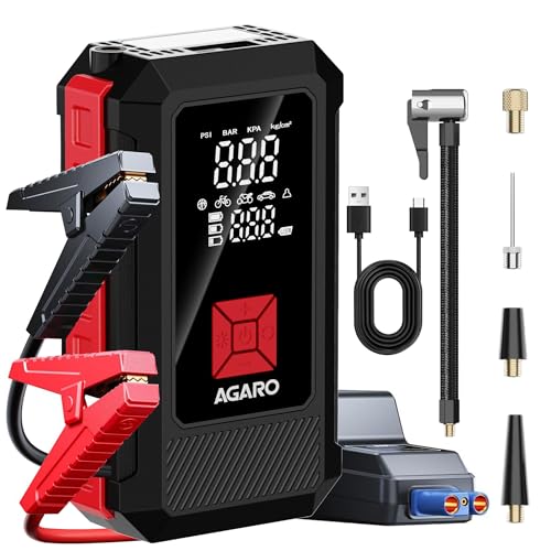 AGARO Regal Tyre inflator & Jump Starter, for Cars & Bikes, 14.8V, Upto 150 PSI, 10000 mAH Powerful Battery, LED Light, Digital Display, Multiple Nozzles