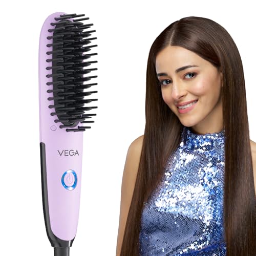 Vega Mini Hair Straightener Brush-Natural Straight in Few Min for Women | Thermoprotect Technology, Ceramic Coated Bristles | 2 Heat Settings, Straightening Brush, Hot Brush, (Go Mini Series, VHSB-05)