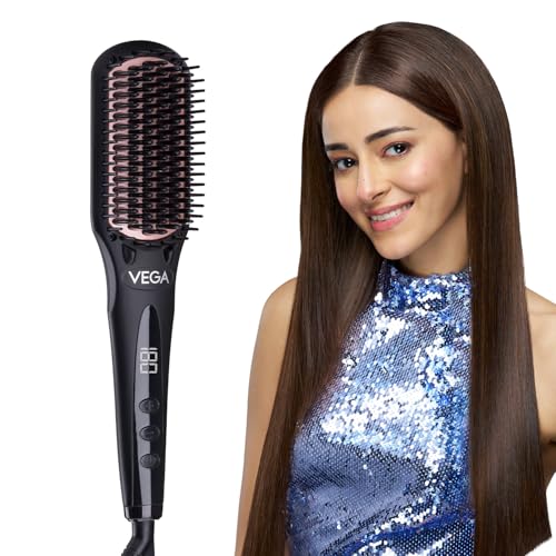 Vega Black Shine Hair Straightener Brush for Women, Straight in Min, Ionic & Thermoprotect Technology, 16 Temperature Settings, Hot Brush Heat Damage Protection for Scalp, Straightening Brush, VHSB-04