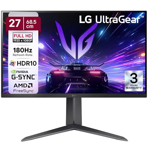 LG 27GS65F 68.5 cm (27 Inch) Ultragear FHD (1920x1080) IPS Gaming Monitor with 180Hz, 1ms (GtG), HDR10, NVIDIA G-SYNC Compatible, AMD FreeSync, HDMI, Tilt/Height/Pivot Adjustable, Anti-Glare (Black)