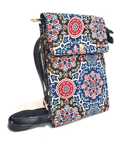 SAFFRON SHADES Printed Handmade Fabric Vegan Leather Stylish Cross Body Sling Bag Double Zipper for women girls (Red & Blue Rangoli)