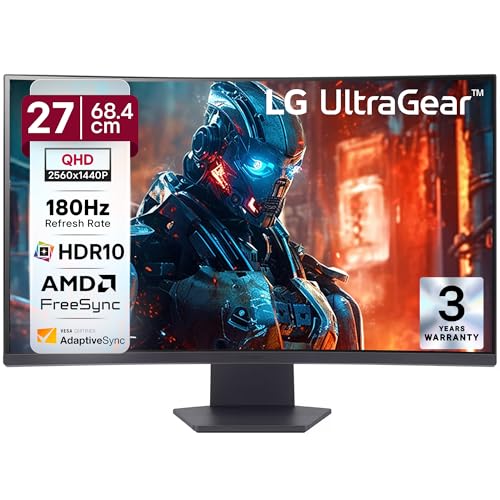 LG 27GS60QC 68.4cm (27 Inch) Ultragear Curved (1000R) QHD (2560x1440) Gaming Monitor, 180Hz, 1ms, 3-Side Virtually Borderless, Anti-Glare, DP, HDMI X 2, HP Out, AMD FreeSync™, Tilt Adjustment (Black)
